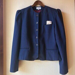 Vintage Navy Blue Lady Jacket Blazer Puff Shoulders Gathered Collarless Size 4
